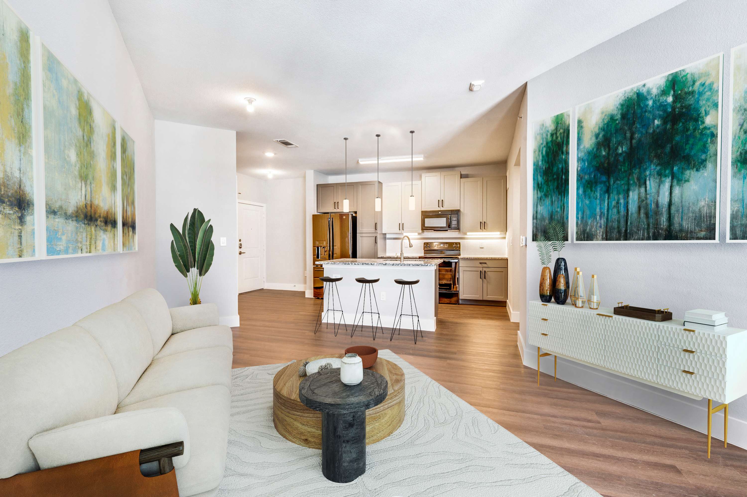 Open kitchen and living area in a Heritage Towers apartment