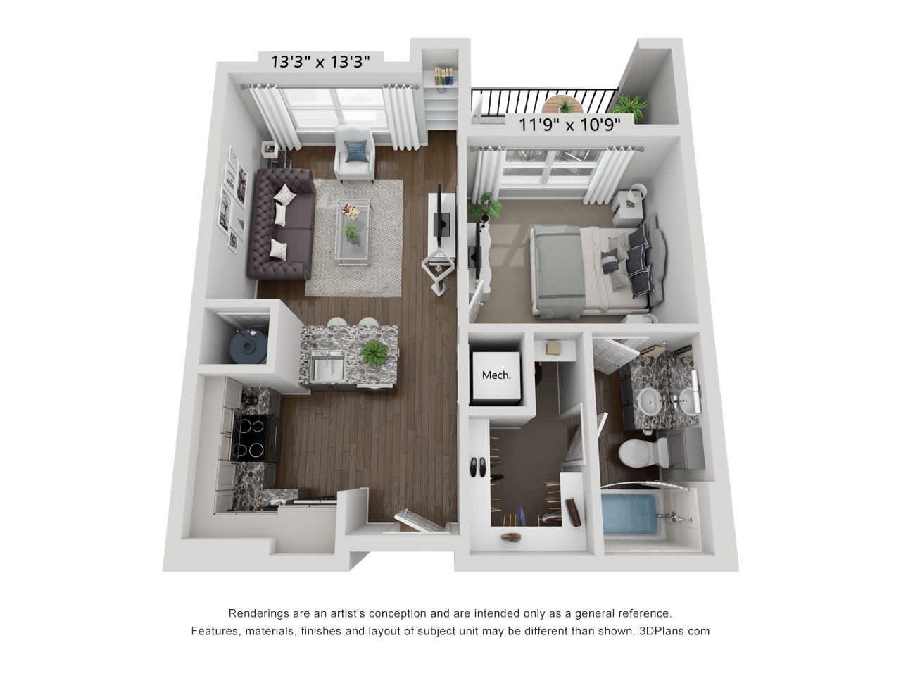 A1 floor plan, 1 bedroom 1 bathroom, 593 square feet