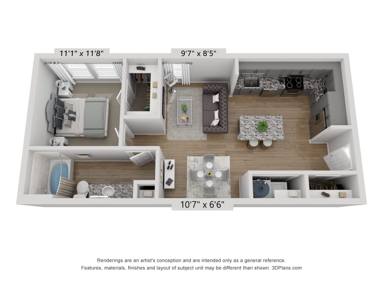 A2 floor plan, 1 bedroom 1 bathroom, 690 square feet