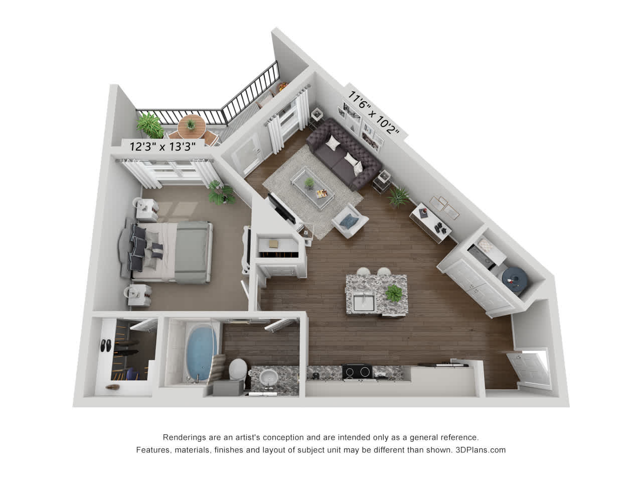 A3 floor plan, 1 bedroom 1 bathroom, 695 square feet