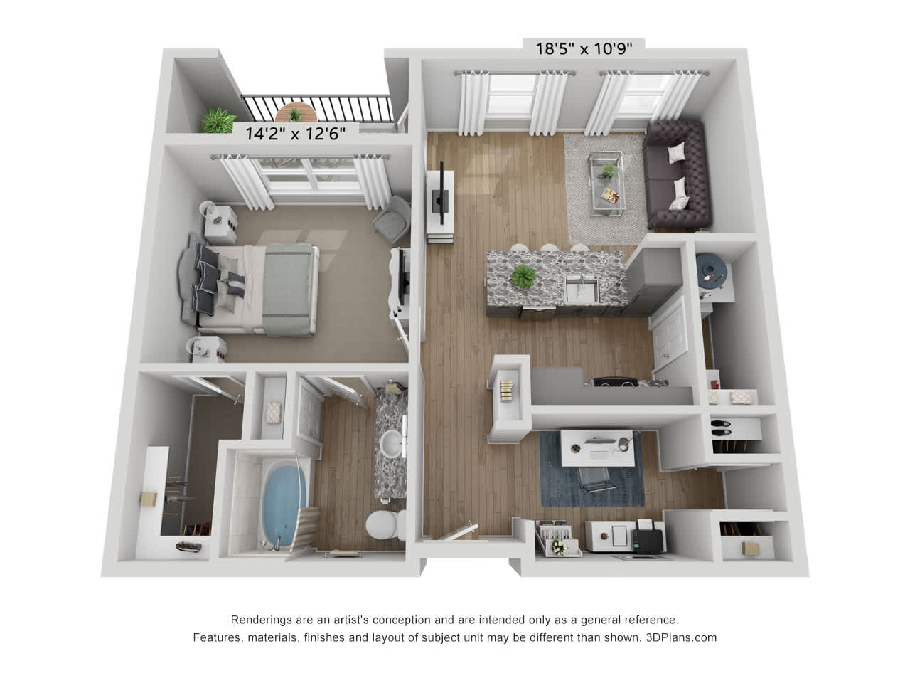A4 floor plan, 1 bedroom 1 bathroom with office, 803 square feet