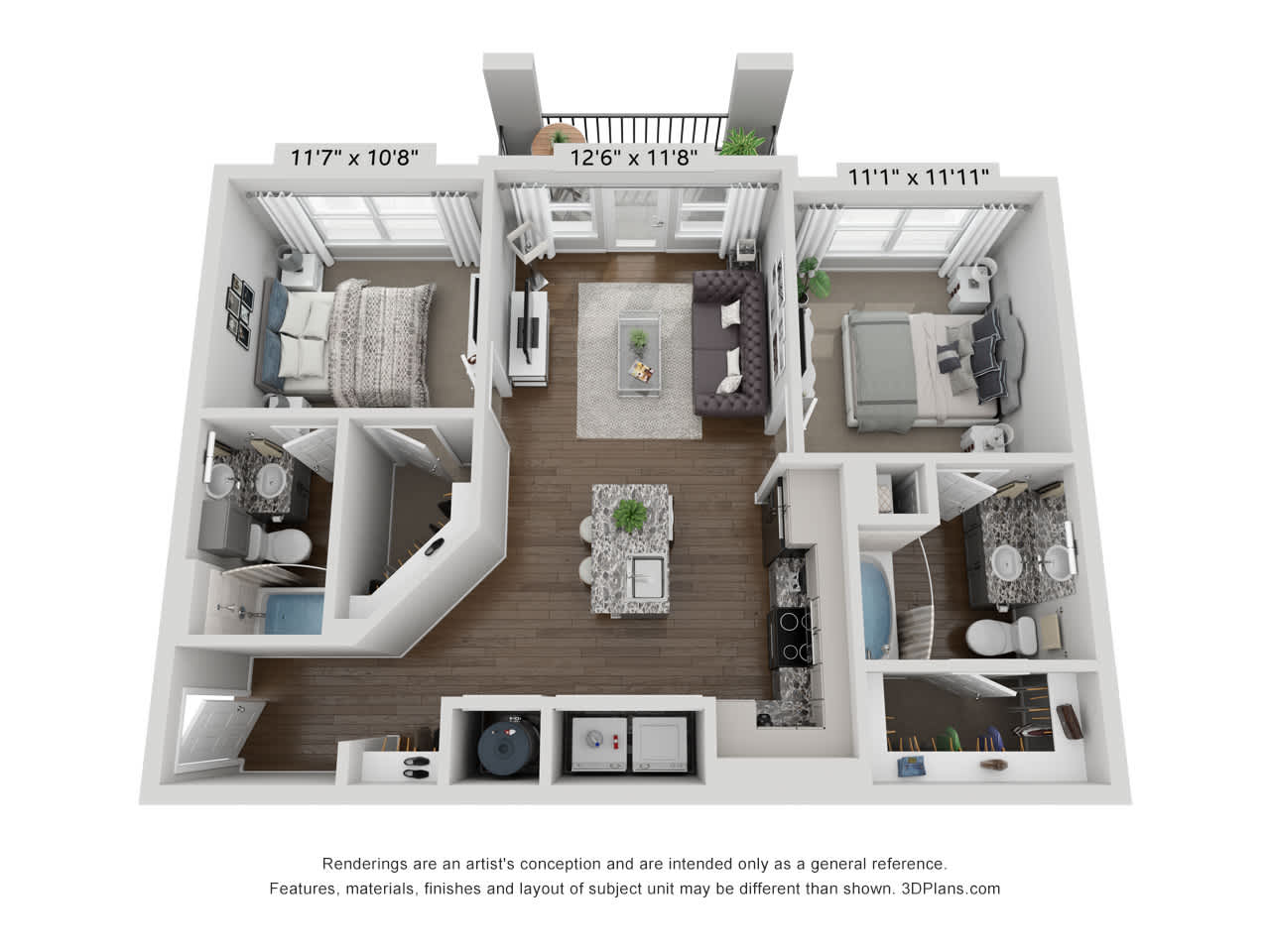 B1 floor plan, 2 bedroom 2 bathroom, 969 square feet