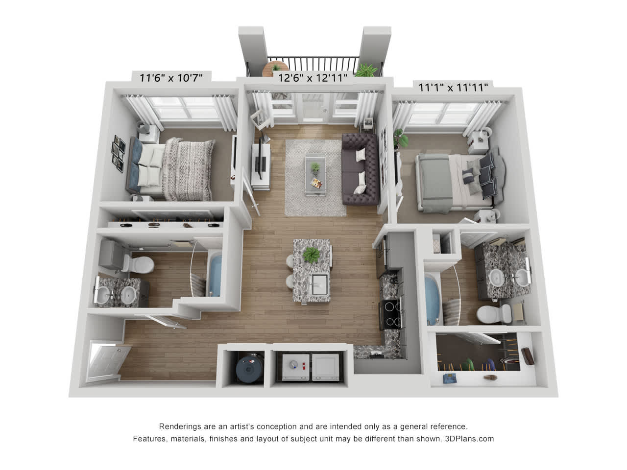 B1A floor plan, 2 bedroom 2 bathroom, 969 square feet