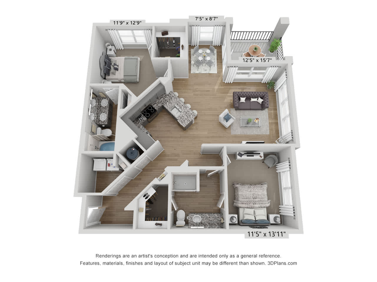 B2 floor plan, 2 bedroom 2 bathroom, 1294 square feet