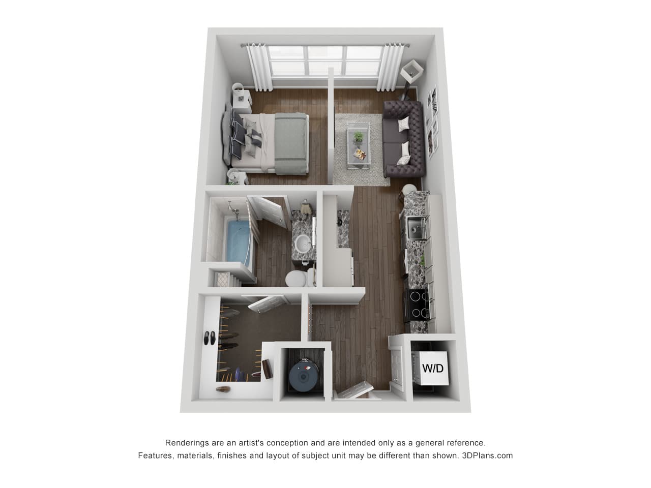 E1 floor plan, 1 bedroom 1 bathroom, 504 square feet