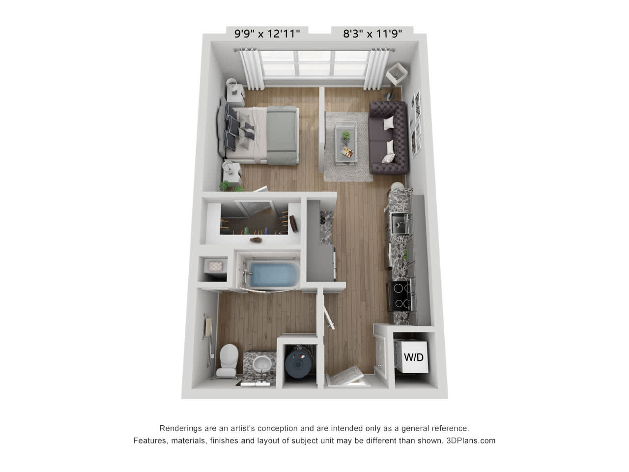 E1A floor plan, 1 bedroom 1 bathroom, 504 square feet